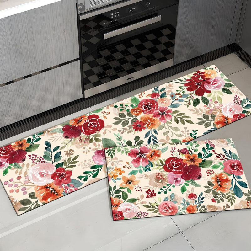 Multicolore, ensemble de 2 tapis de cuisine à motif aquarelle, décoration botanique rétro pour la cuisine et le salon