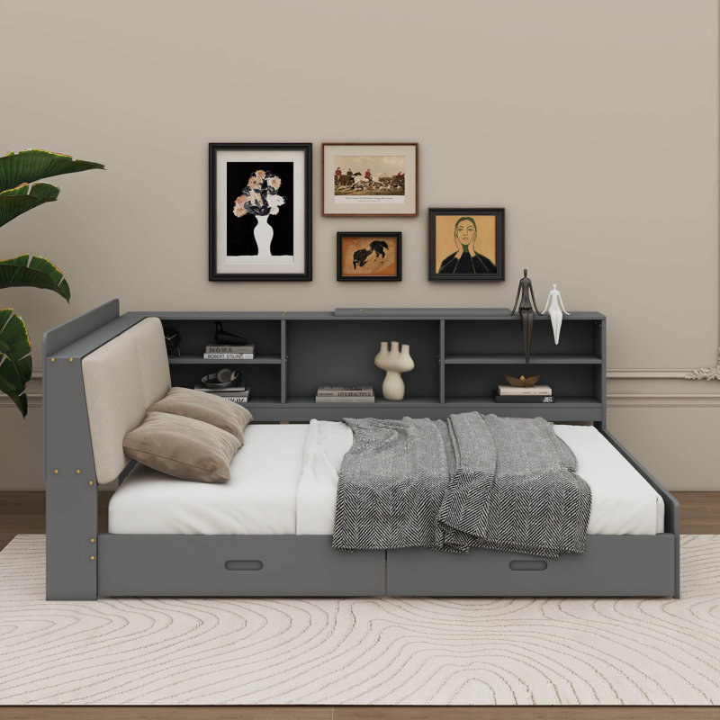 Lit plateforme spacieux en bois double avec tête de lit, étagères et tiroirs, Gris