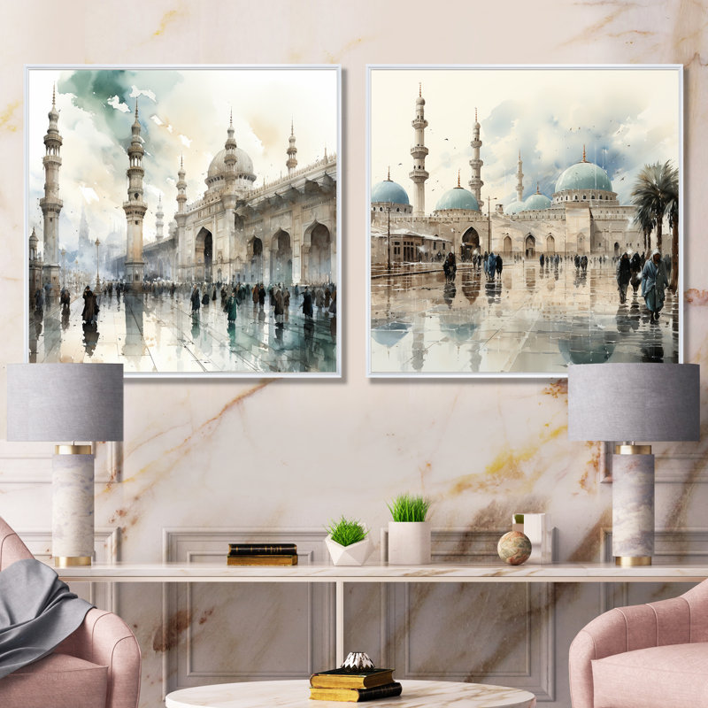 Ensemble de 2 mosquées blanches et bleues, Cadre flottant blanc, H 36 po x l 73 po x P 1,5 po