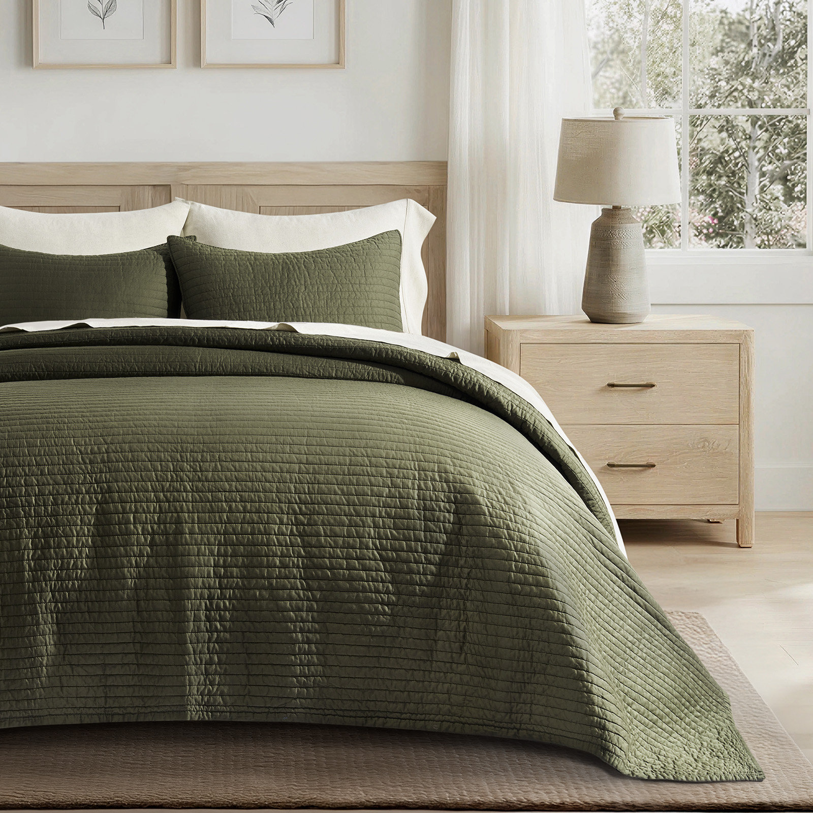 Cotton Sateen Quilt Set, California King + 2 Pillow Shams, Olive Green