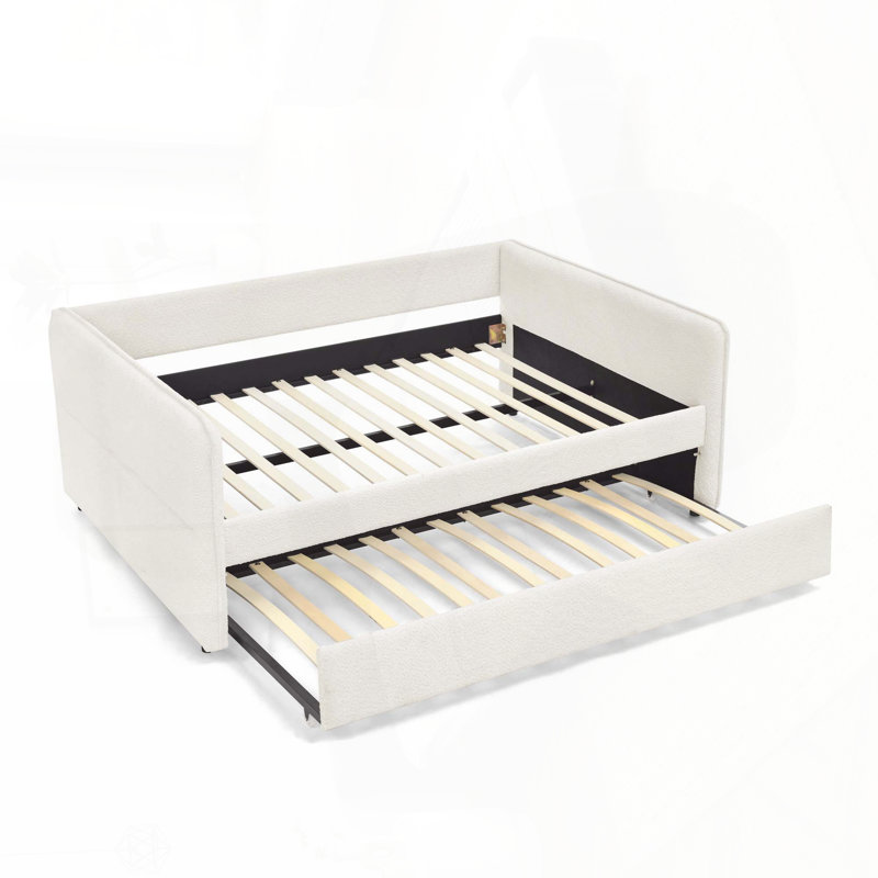 Lit de jour avec canapé-lit capitonné capitonné, double, tissu Boucle, beige (83 po x 58,5 po x 29,5 po)