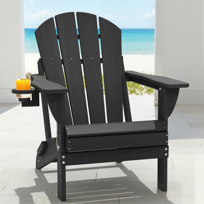 Mallette Adirondack Wood Texture HDPE Foldable Chair Pit Chair with Cup Holder, Black