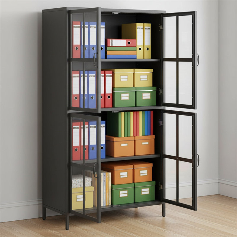 Black Metal Storage Cabinet With Tempered Glass Door, Adjustable Shelves, Anti-tip Device, Magnetic Soft-close System, And Adjustable Feet.