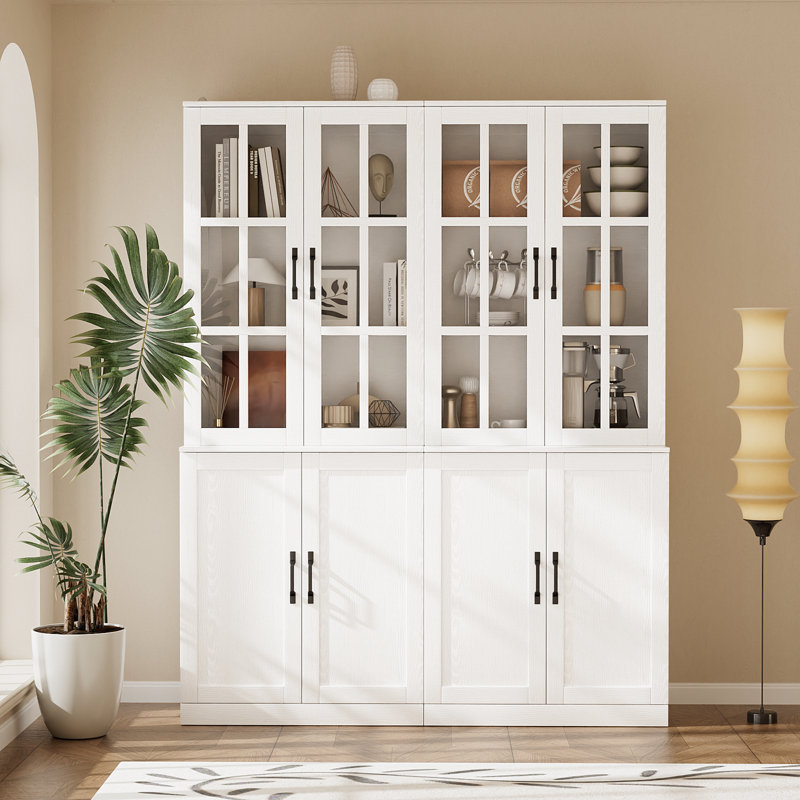  Bibliothèque 71 po x l 94,4 po avec portes en verre et grands tiroirs de rangement (2C + 2D), Blanc
