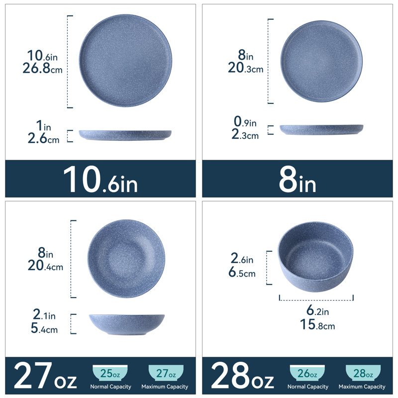 Service de vaisselle en grès Ozetta 32 pièces, glacis réactif moucheté indigo, service pour 8 (assiettes à dîner, assiettes à salade, bols à pâtes et bols à céréales inclus)