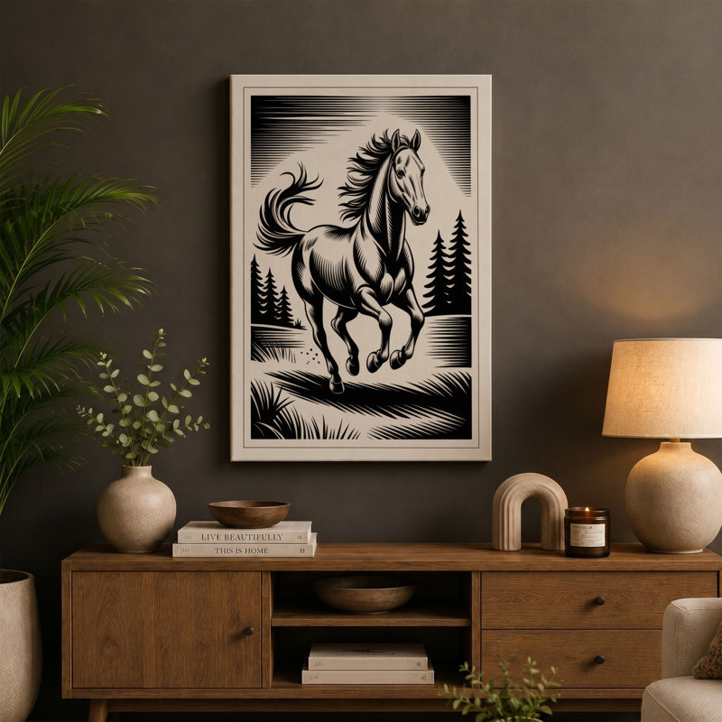 Galloping Horse Rustic - Wrapped Canvas, 24x16 - 61.0 x 40.6 cm, Taupe Border