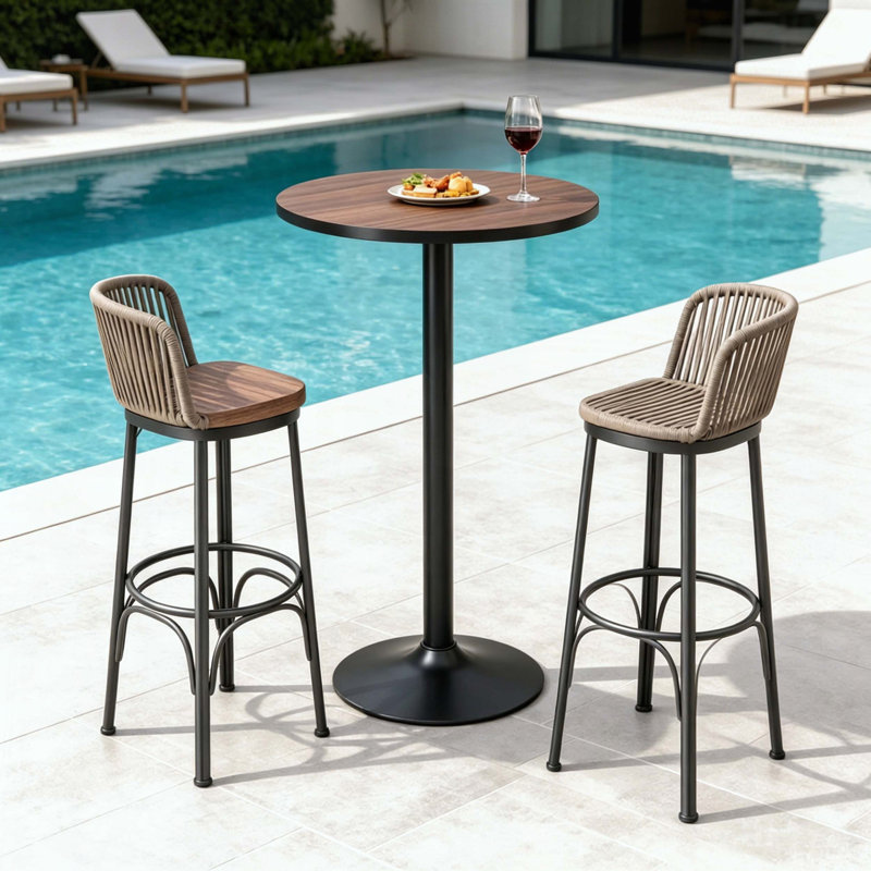 Table de bar ronde avec plateau en bois naturel