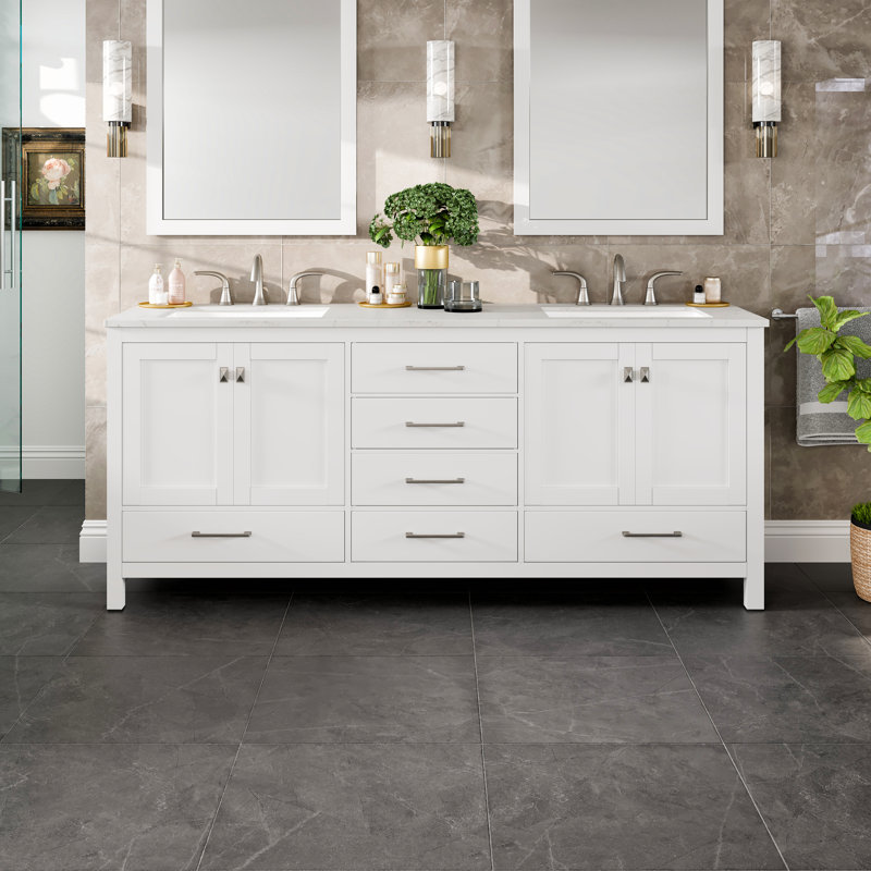Meuble-lavabo à double cuve en porcelaine l 78 po x P 22 po Minnich, Blanc, Quartz - blanc de Carrare