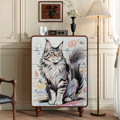 Whimsical Cat Design Solid Wood 5-Drawer Chest