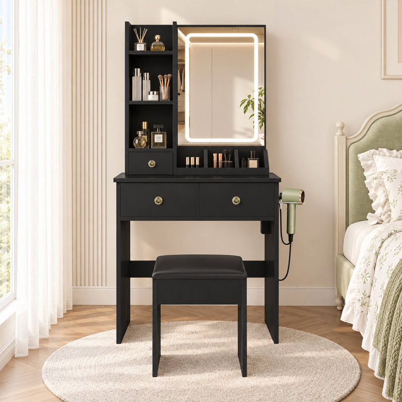 Coiffeuse minimaliste moderne et compacte pour chambre à coucher, meuble de maquillage avec bureau intégré, petite table de maquillage pour appartement.