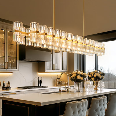 60-Light 53''L 3000K Kitchen Island Square/Rectangle Cup Chandelier Crystal Linear Pendant Lighting