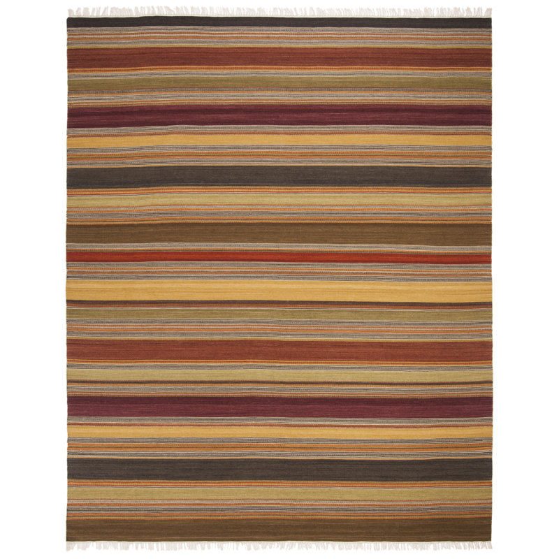 Tapis rayé en laine / coton tissé à la main Cohen Kilim - rouge / jaune / vert, Rectangle 8 pi x 10 pi