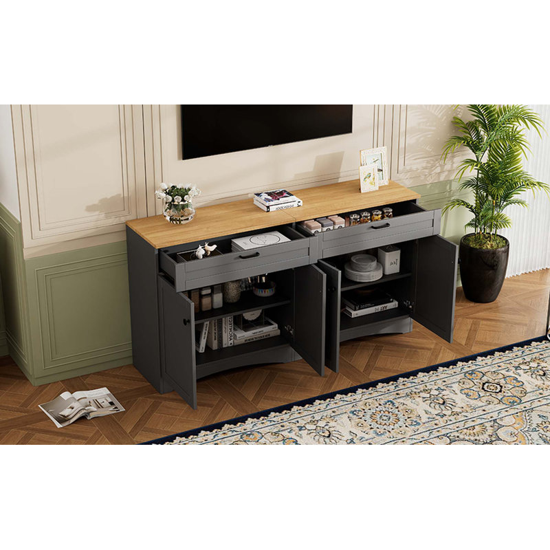 Farmhouse TV Stand With 2 Drawers For Tvs Up To 70", Versatile Wood Grain Sideboard With Adjustable Shelves, Mid-Century Buffet Cabinet With Rustic Handles For Living Room/Bedroom