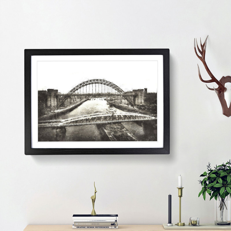Tyne Bridge Linking Newcastle - Picture Frame Painting Print, Black Framed, 62cm H x 87cm W x 2cm D