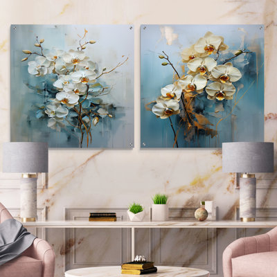 Orchidée beige et or floral élégant I - Orchidées murales en acrylique, ensemble de 2 verres