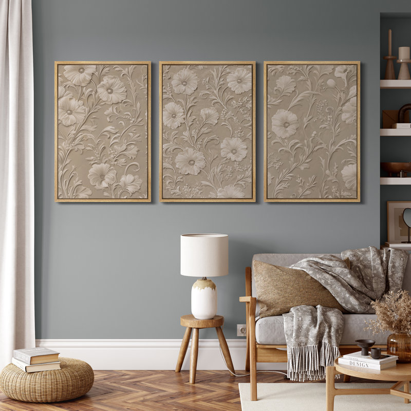 Elegant Neutral Floral Embossed-Style Blossoms – Pictures Framed Canvas Print 3 Pieces Wall Art, Natural Frame