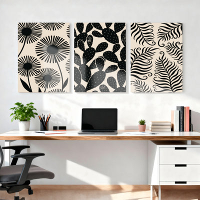 Ensemble de 3 tableaux sur toile à motifs floraux botaniques noirs et blancs, pour la décoration du salon et de la chambre.