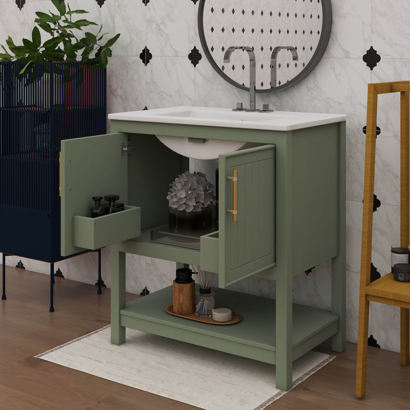 Meuble-lavabo de 30 pouces avec lavabo en céramique et rangement flexible, Vert