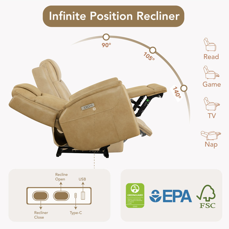 Zero-Gravity Vegan Leather Power Recliner With Usb And Type-C Charging Ports, Tan
