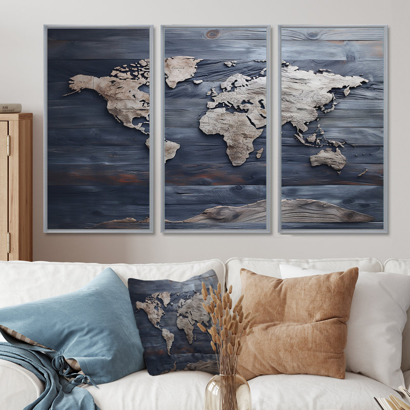 Rustic Route World Map I - Ensemble de décoration murale carte du monde, H 32 po x l 48 po x P 1 po, Cadre argenté flottant