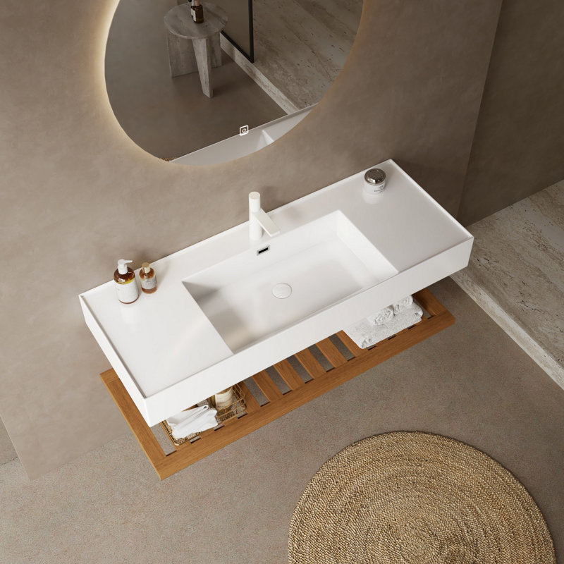 Bathroom Vessel Rectangular Sink, Wall-Mounted Floating Acrylic Basin With Shelf, Walnut
