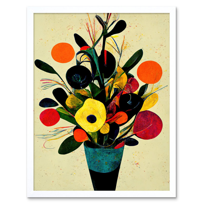 Autumnal Flower Bouquet Vase Midcentury Abstract - Painting, White Framed Paper, 43cm H x 33cm W