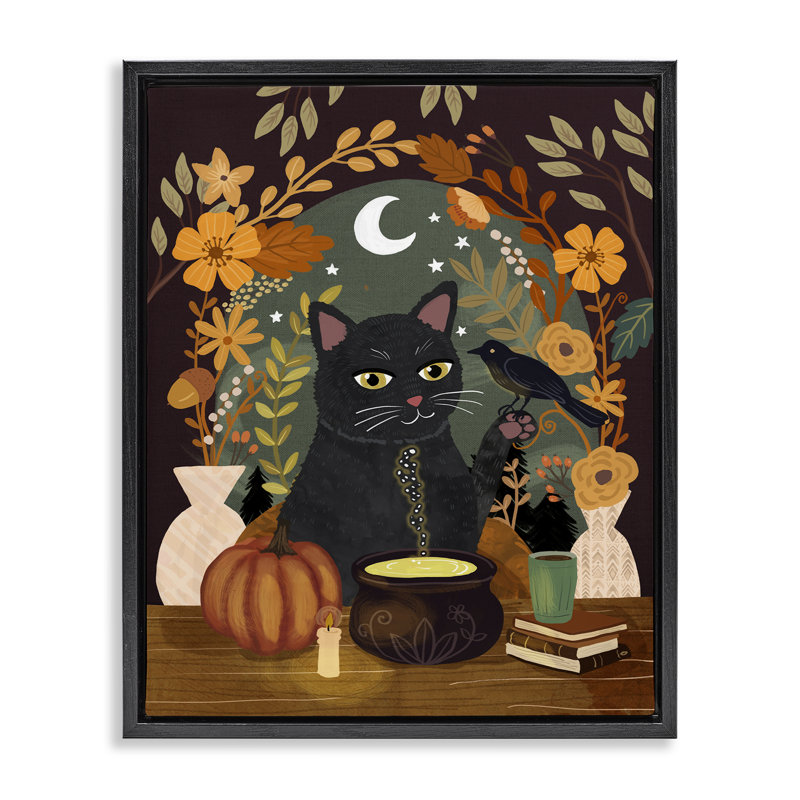 Cadre flottant Autumnal Cat & Cauldron, design par Mia Charro, Cadre flottant noir de jais, H 21 po x l 17 po
