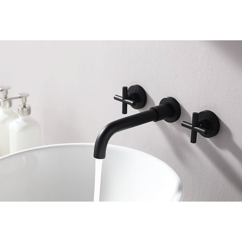 Wall Mounted Bathroom Faucet Matte Black With Double Handles - To Rust, Corrosion, Scratches, Tarnish, And Spots 1.5 Gpm Flow 8" Spout Height, 7" Reach, 3" Centers Deck Plate, Drain Assembly Overflow