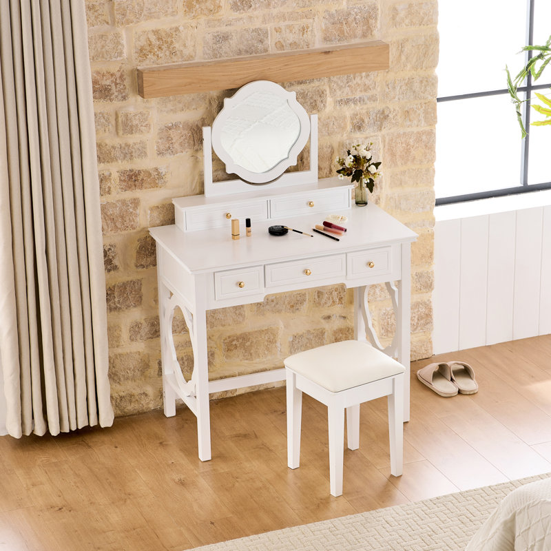 White Makeup Vanity And Stool With Reversible Mirror, Elegant Design For A Sophisticated Appearance, 5 Drawers Of Various Sizes, Look, Storage