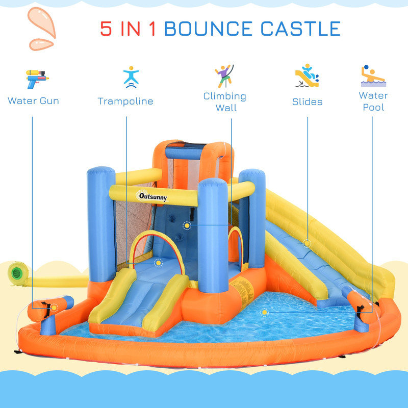 Parc aquatique gonflable pour enfants 5 en 1 Outsunny, maison gonflable avec piscine, murs d'escalade et 2 canons à eau, souffleur d'air de 450 W