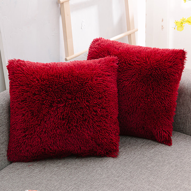 Housse de coussin carrée en fausse fourrure, H 18 po x l 18 po, Vin rouge