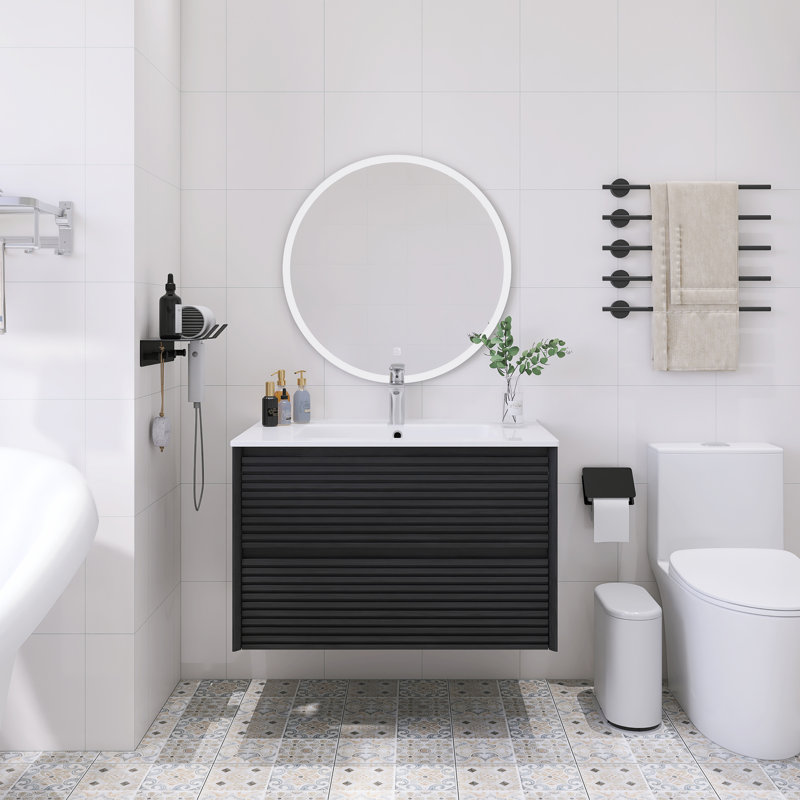 Wall-Mounted Single Bathroom Vanity Set With Ceramic Basin, 30", Dark Oak