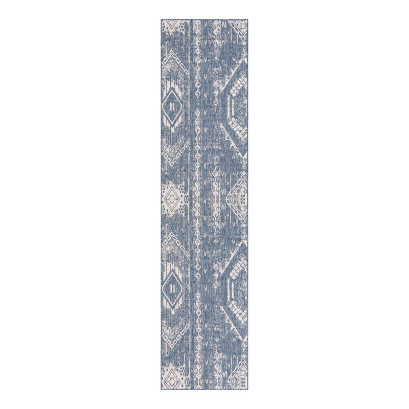 Bonnetta Geometric Machine Woven Polypropylene Indoor / Outdoor Area Rug in Blue/Ivory, Runner 3'3" x 14'