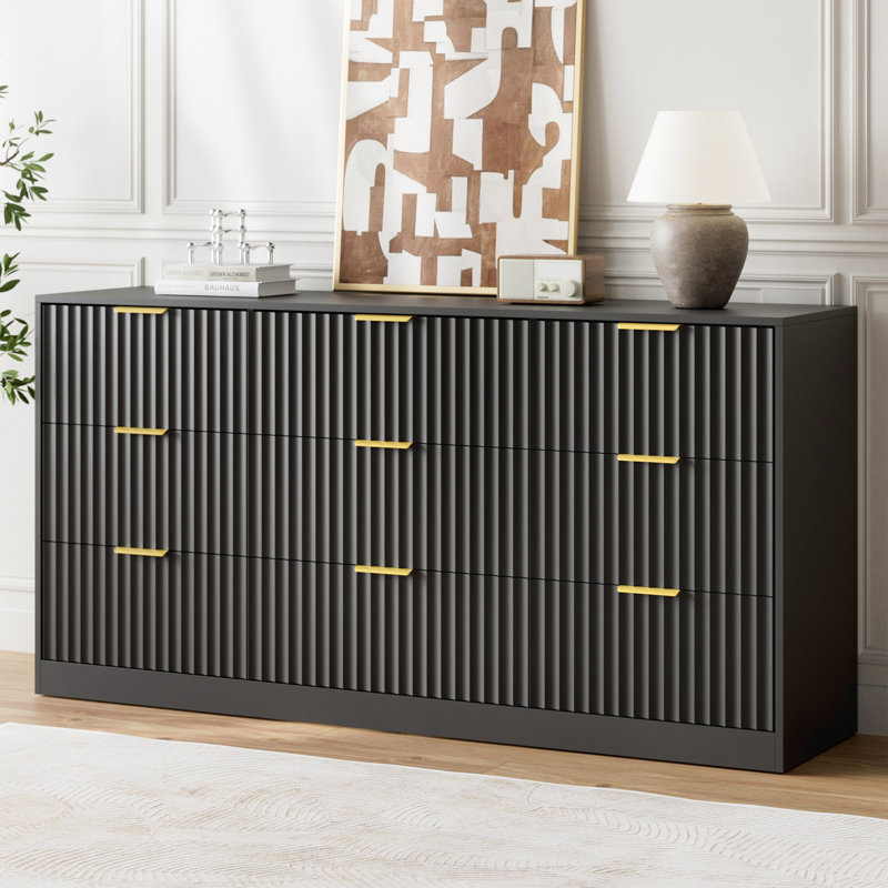 Ensemble 3 pièces commode 9 tiroirs et table de chevet 3 tiroirs, Noir