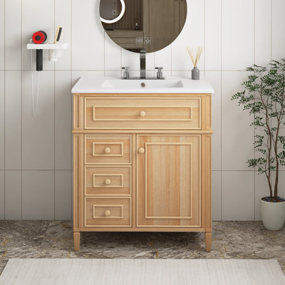 Meuble-lavabo de salle de bain avec lavabo, tiroir escamotable, 2 tiroirs à fermeture en douceur, 1 porte à fermeture en douceur, bois massif et panneau de fibres à densité moyenne, poignées en bois élégantes