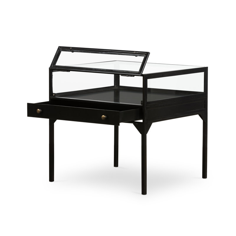 Black Metal and Glass Square End Table with Storage