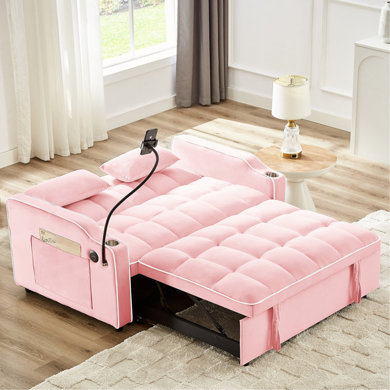 Lit polyvalent pliable en velours rose avec dossier réglable, support de charge et support pour téléphone, cendrier et rotatif