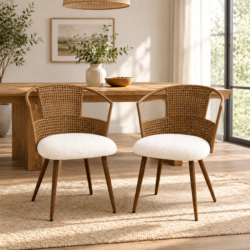 Ensemble de 2 chaises de salle à manger en rotin PE avec coussin en molleton douce.