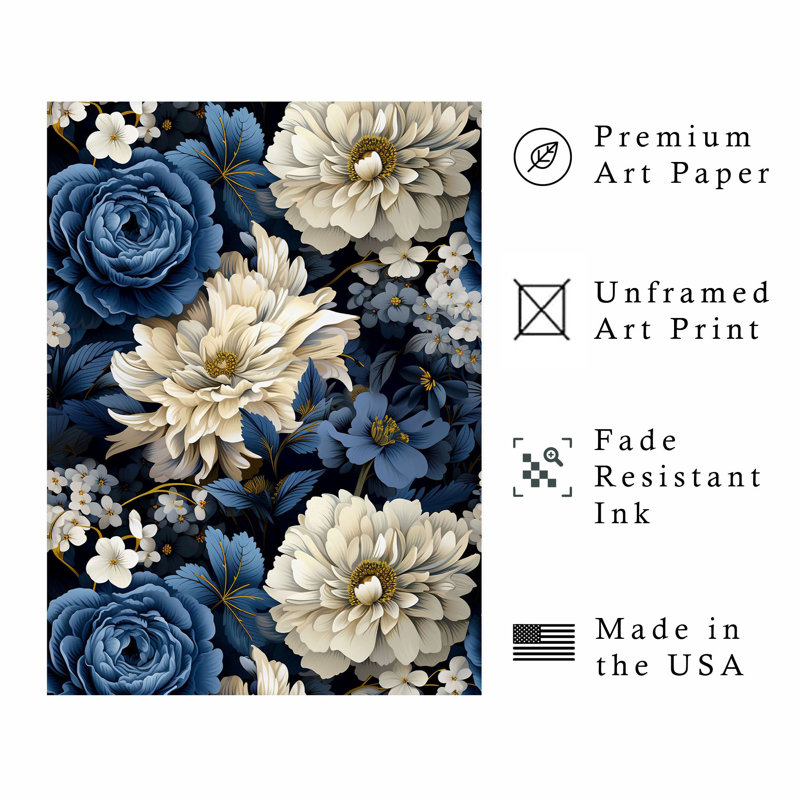 Floral pivoines bleues, reproduction d'art classique sans cadre, 10" H x 8" W