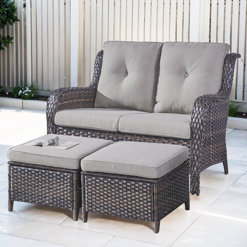 Causeuse d'extérieur de 52,7 po de largeur avec 2 repose-pieds et coussins Bonia, gris, Brun