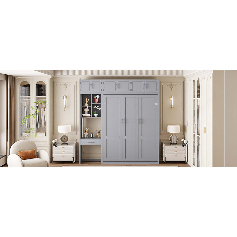 Lit escamotable mural pliable peu encombrant avec bureau, armoire supérieure et tablettes de rangement, Grand lit, Gris