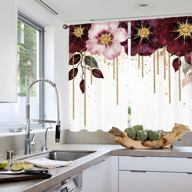 2PCS Luxurious Floral Style Decor Light Filtering Curtains with Burgundy and Pink Flowers, Gold Hanging Chains Pattern, Spring Refresh, Easy Hang Rod Pocket Design, All-Season for Home Living Room Bedroom Study Cabinet Decoration