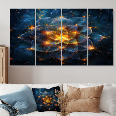 Cosmic Flower, fleur galactique de la vie, bleu doré, art mural moderne sur toile 4 pièces
