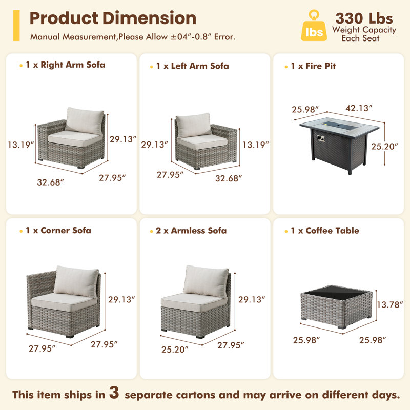 Ensemble de conversation modulaire en osier avec coussins 7 pièces Bobia, Beige