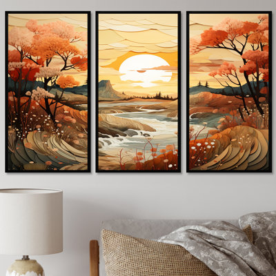 Ensemble de salon art oranges orange coucher de soleil coucher de soleil - forêt et rivière