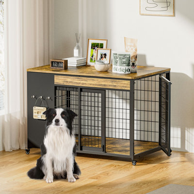 38 po Mobilier de cage pour chien - Caisse pour chien avec cadre de bricolage, chenil d'intérieur à porte coulissante, table de bout en bois pour cage de chien, pour race moyenne / grande, brun rustique, taille L