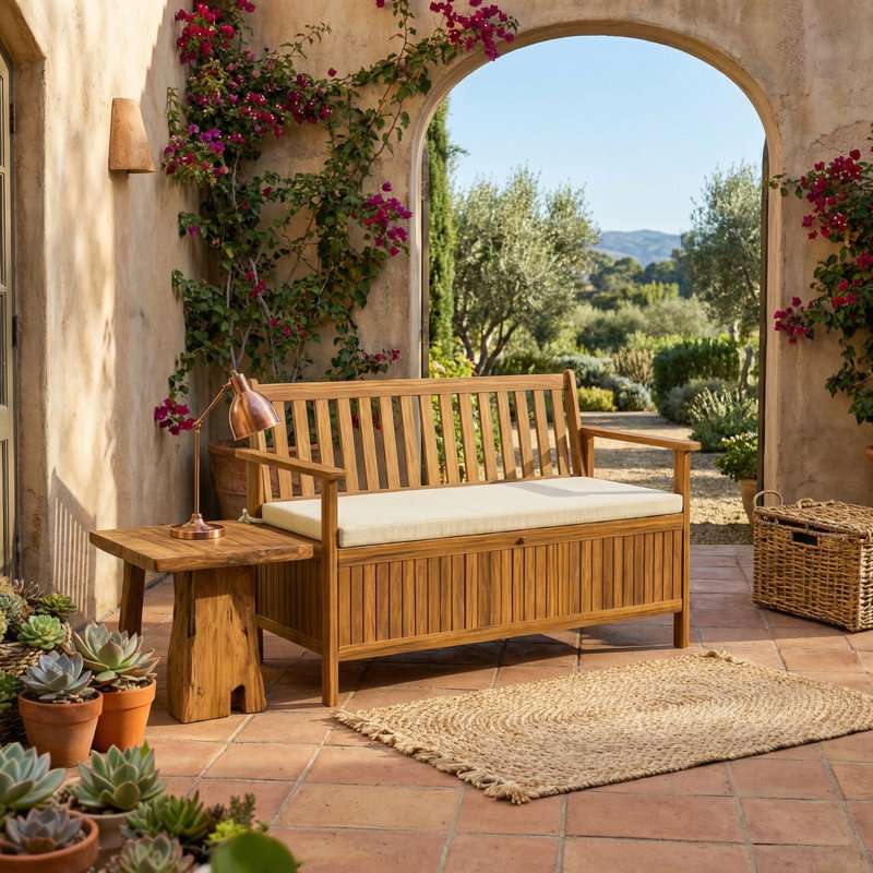 Banc de patio en bois, banc d'extérieur avec compartiment de rangement, banc de jardin avec coussin