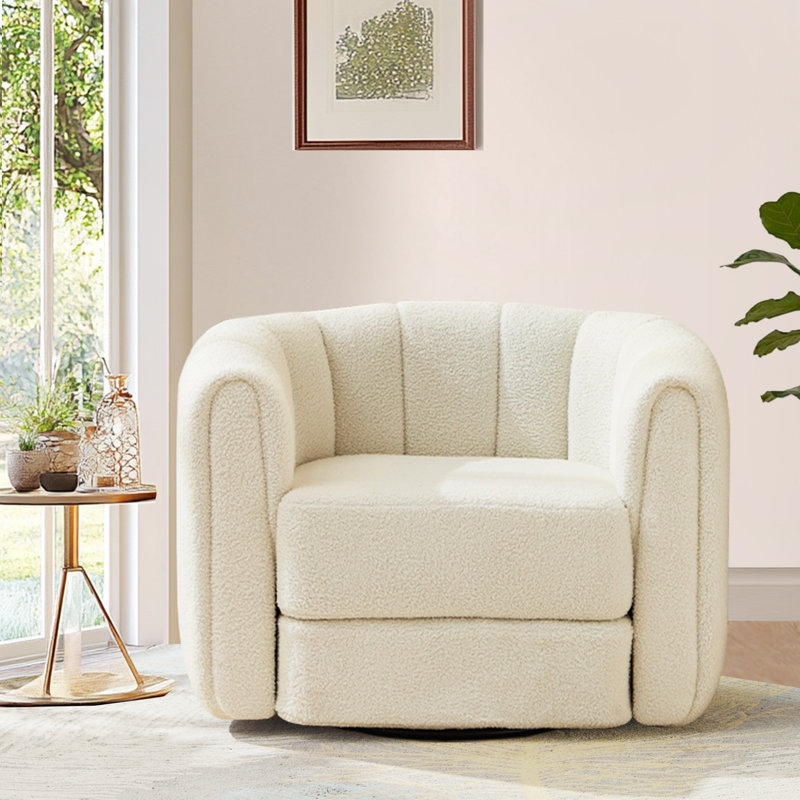 37" Wide Accent Chair, Boucle Upholstered Swivel Barrel Chair, White, White Teddy