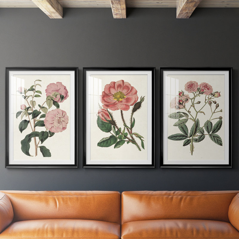 Mélange de fleurs roses IV - impression sur mesure encadrée de qualité supérieure - 3 pièces, Noir, H 21 po x l 30 po