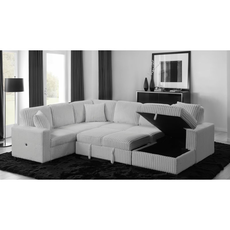 Ratasha 121" W Velvet Sleeper Sectional with Storage and USB Ports , Gray Polyester Blend;Velvet